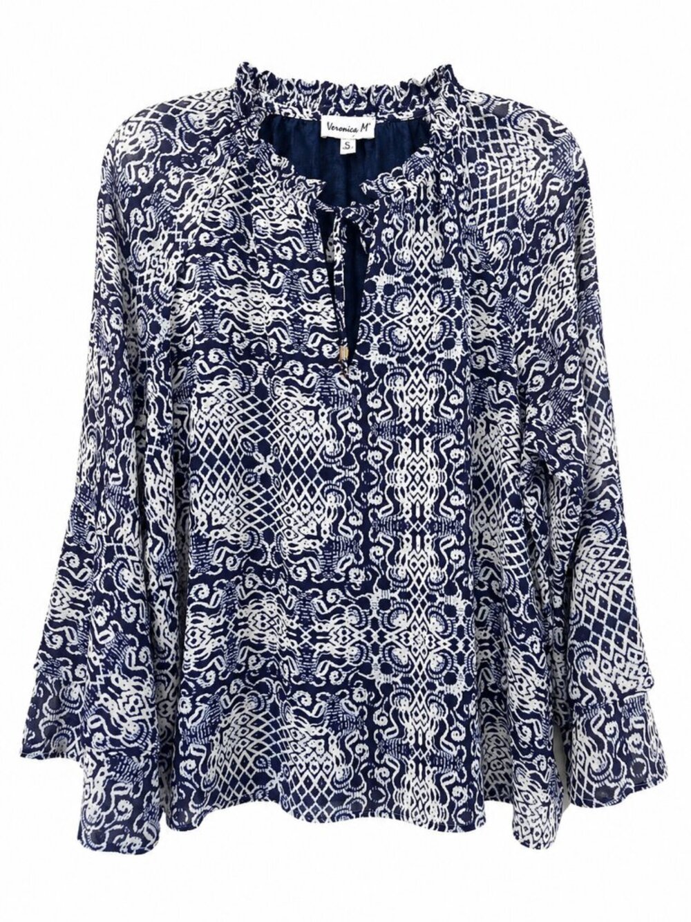 Veronica M Blue White Abstract Print Tie Neck Boho Blouse Long Sleeve Top XL